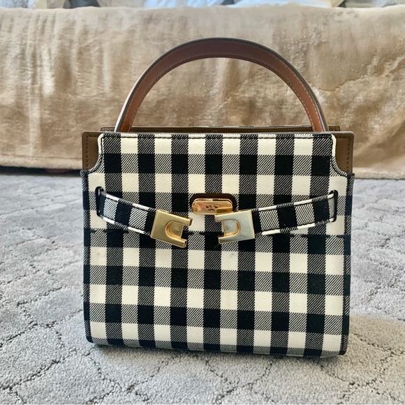 Tory Burch Black & White Gingham Top-Handle Satchel with Brown Trim - Picture 2 of 5